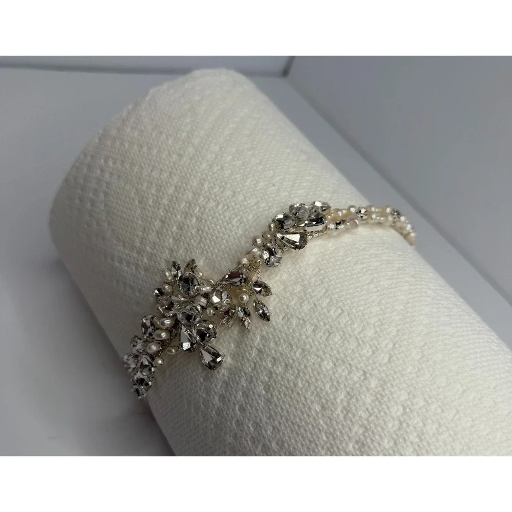 Bel Aire Bridal Tiara Headband Pearl Rhinestone Crystal Floral Wedding Silver